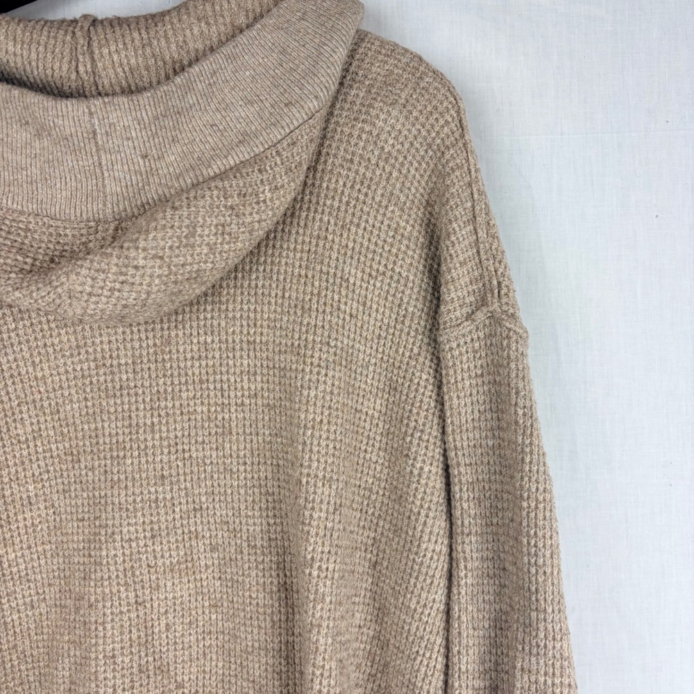Aerie Tan Waffle Knit Hooded V-Neck‎ Sweater Womens XS Relaxed Fit  Pullover - Picture 9 of 13